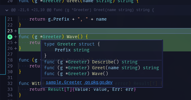 Critiq diff view showing an LSP hover tooltip over a newly added Go method